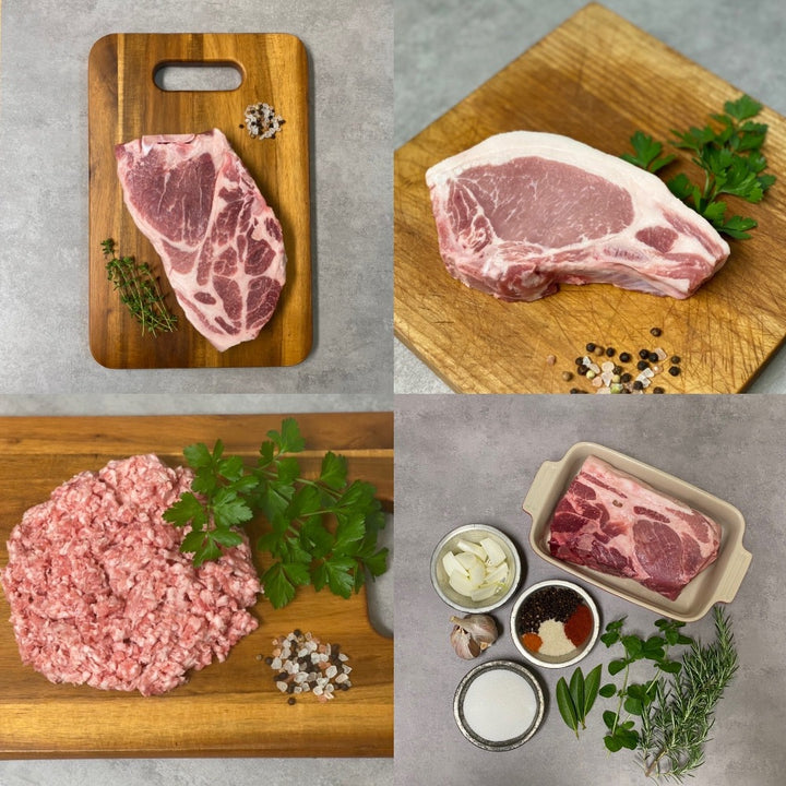 Pasture forest raised pork steaks chops ground roast box bundle starter box