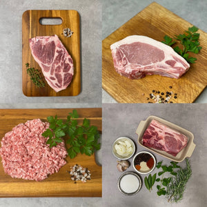 Forest pasture raised pork steak shoulder ground roast chop bulk bundle