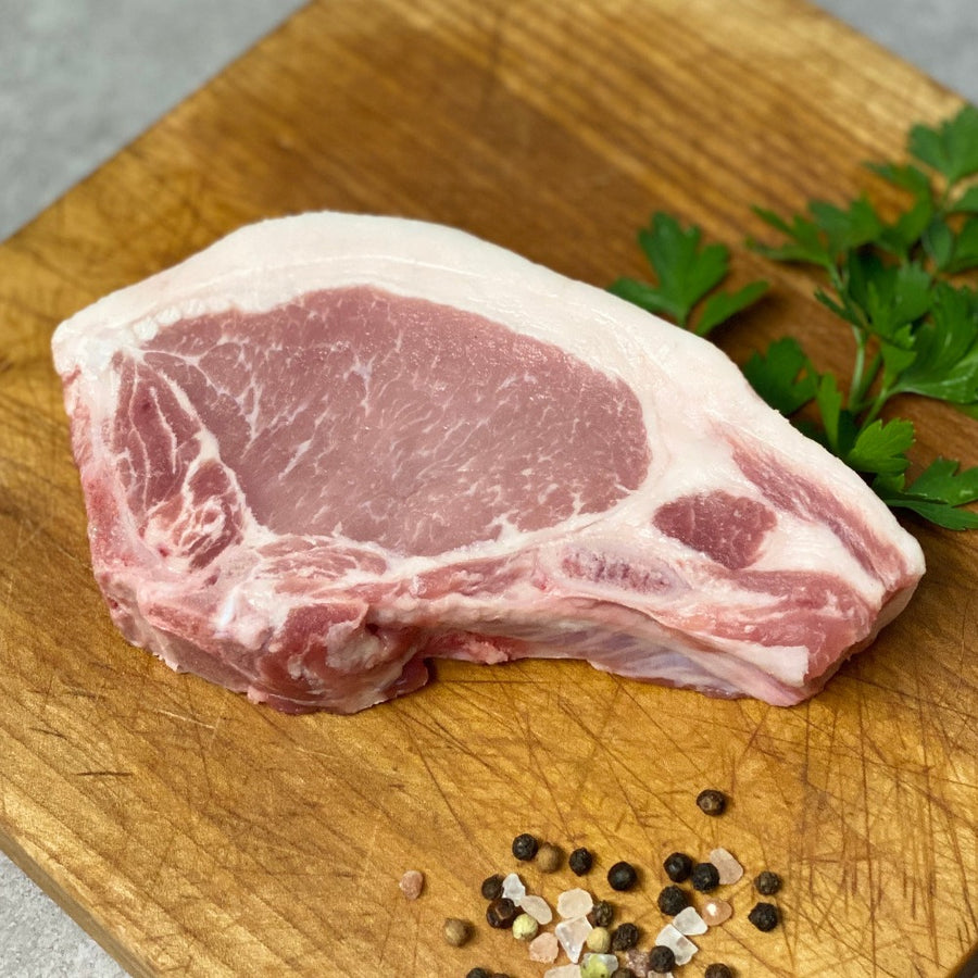 Forest pasture raised pork half pig rib loin chop chops bone-in bone in